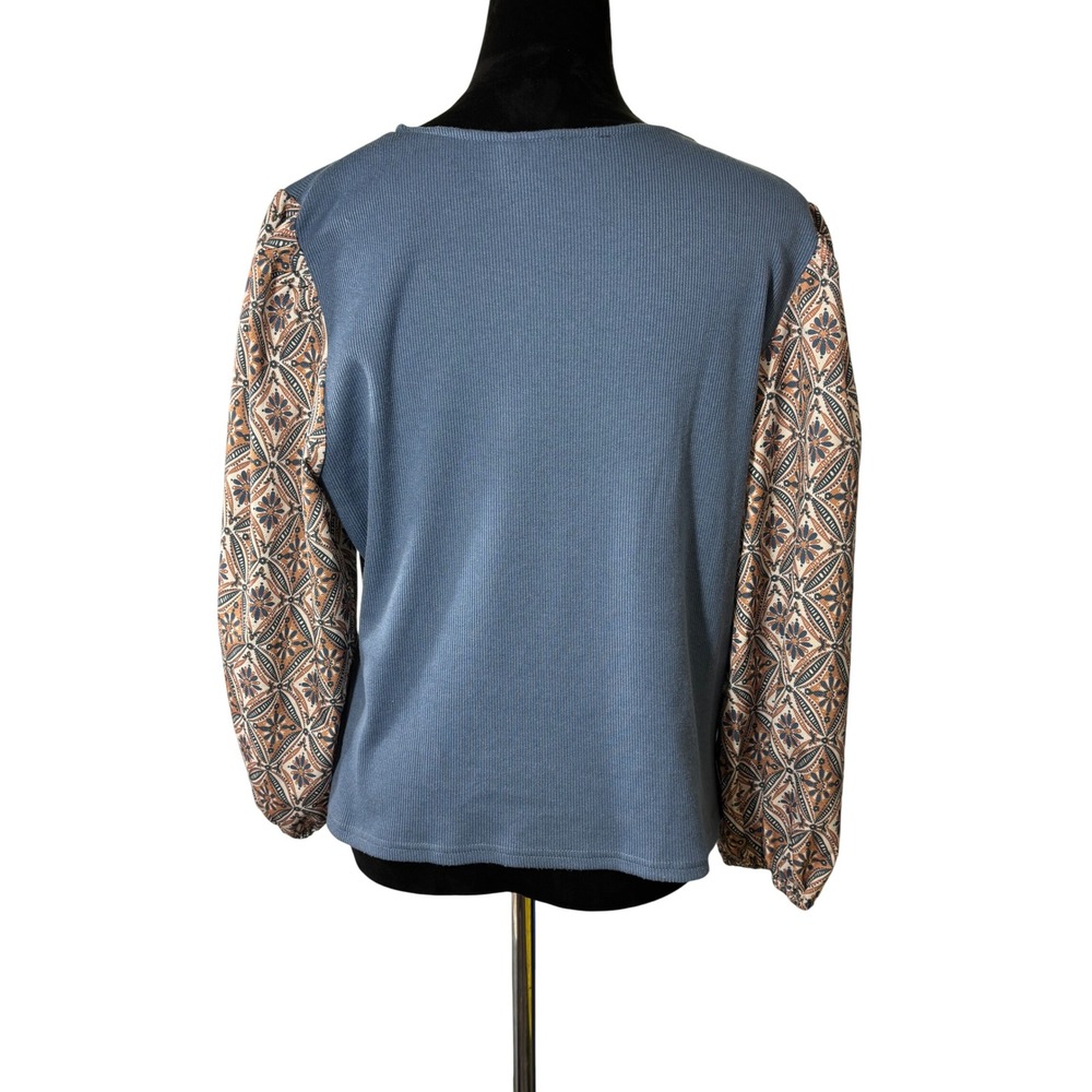 Dolan Left Coast Collection Blue Ribbed Knit‎ Top Patterned Balloon Sleeves - Picture 2 of 8
